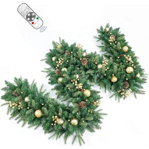 9FT Pre-Lit Artificial Christmas Garland with Dual Color LED Lights and Timer by Remote Control and Batteries Operated, Holiday Decorations, for Indoor Door Home Stairs Fireplaces Wall (Green Gold 9FT)