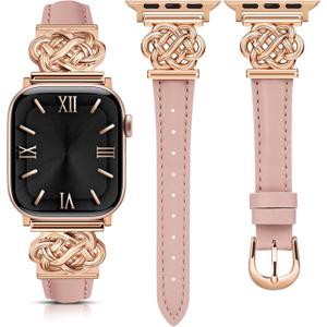 Minyee Celtic Knot Leather Band Compatible with Apple Watch Band 41/40/38/44/45/46/49/42mm Women, Slim Thin Dressy Premium Leather Adjustable Strap for iWatch Series 11 10 9 8 7 6 5 4 SE/Ultra 3 2 1 (Pink/Rose Gold)