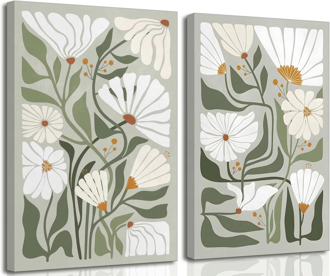 2 Pcs Boho Wildflowers Canvas Wall Art Green Bohemia Abstract Floral Botanical Painting Picture Wall Decor Poster Print Artwork for Living Room Bedroom Bathroom Home Decoration, 16x24in