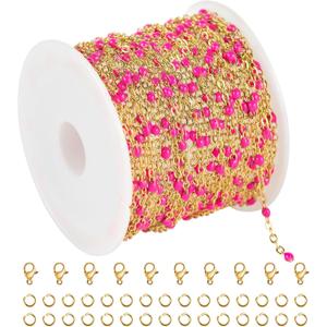 KYUNHOO 16.4 Feet/5M Rose Red Enamel Beaded Chain for Jewelry Making Gold Plated Stainless Steel Chain Spool Cross Cable Link Chains Bulk with Lobster Clasps and Jump Rings