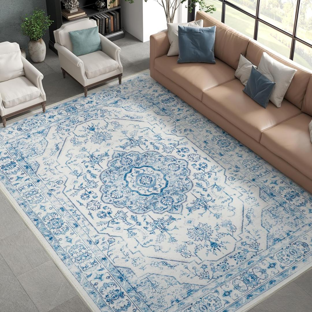 jinchan Area Rug 8x10 Medallion Floral Washable Rug Accent Floor Cover Non Slip Living Room Vintage Mat Retro Thin Soft Carpet for Bedroom Dining Room Kitchen Distressed Blue