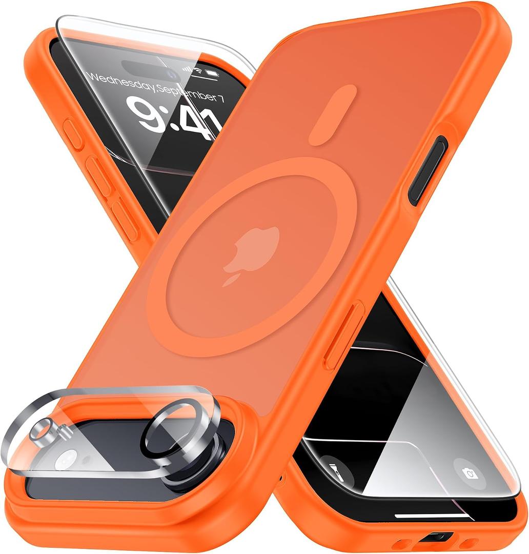 Yriklso 3 in 1 Strong Magnetic Case for iPhone Air,1X Screen Protector +1X Camera Lens, Protective Shockproof Cover,Phone Case for iPhone Air 6.5" Matte Orange