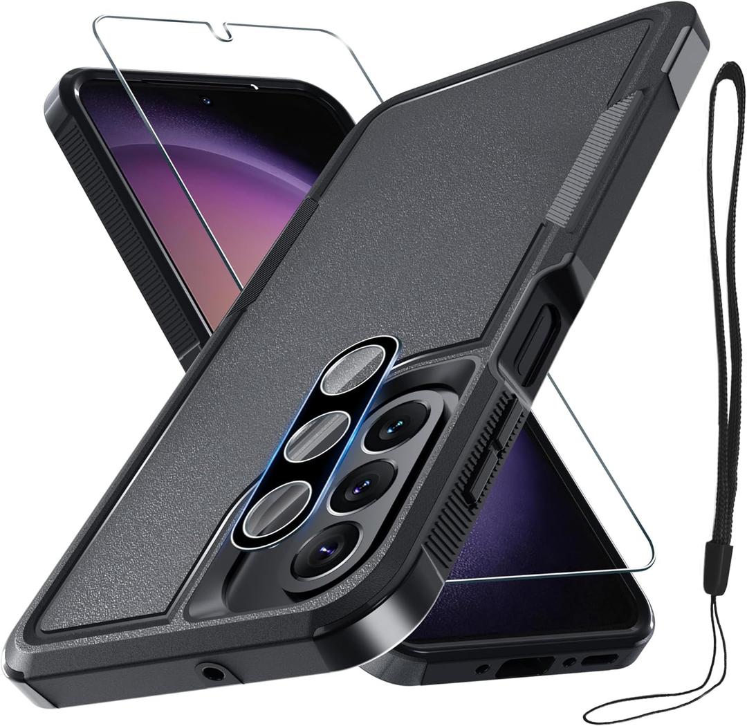 RMOCR Case for Samsung Galaxy A26, Full Body Heavy Duty Rugged Shockproof Protective Phone Cover with Lanyard Strap, Tempered Glass Screen Protector and Camera Lens Cover, Black Matte