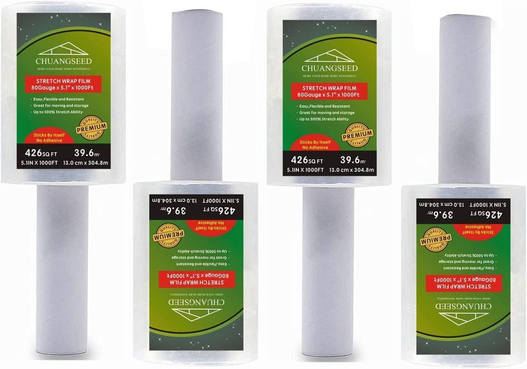 4-Pack Industrial Mini Clear Stretch Wrap Film 80 Gauge 5.1" 1000ft for Pallet Wrap, Durable Self-Adhering Packing, Moving, Packaging, Heavy Duty Shrink Film Chuangseed
