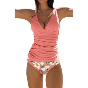 Beachsissi Women's Cute Floral Print Swimsuits V Neck Tummy Control Tankini Set, S