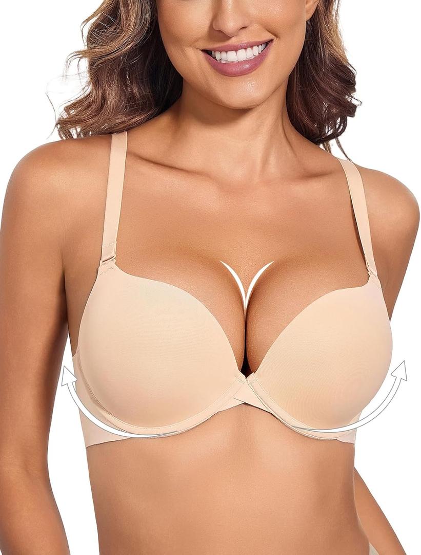 Plunge Padded Push Up Bras for Women Seamless Tshirt Deep V Bra Underwire Add 2 Cups (Beige, 42C)