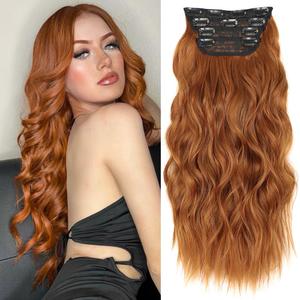 ALXNAN Clip in Hair Extension,Long Wavy Hair Extensions 24 Inch Orange Red 4PCS Thick Hairpieces for Women