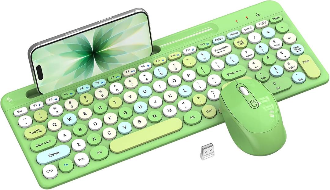 Colorful Wireless Keyboard and Mouse Combo - Round Keycaps, 2.4GHz Retro Typewriter Keyboard with Number Pad, Cute Compact USB Keyboard and Mouse for Computer PC Desktop Laptop (Green)
