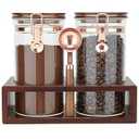 SIQOLNY Glass Coffee Container with Wooden Shelf, 2 x 40 FLOZ Coffee Bean Storage with Sealed Closure Clips and Copper Spoon, Kitchen Large Capacity Food Storage Jar, Ground Coffee Container
