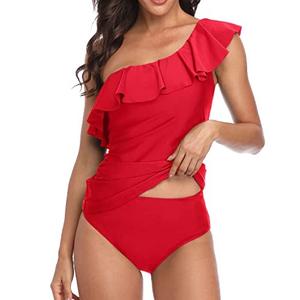 Yonique Womens One Shoulder Tankini Swim Tops Ruffle Bathing Suit Tops No Bottoms (X-Large, Red)