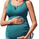 Ribbed Maternity Two-Piece Swimsuit Tankini V-Wire Bathing Suit Ruched Tie Side Pregnancy High Waisted Swimwear (14, Blue Floral)