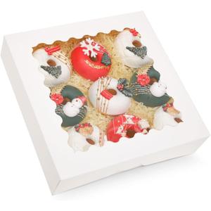 qiqee Auto-pop Up 30pcs Pie Box With Window 9x9x2.5 Inch Donut Pastry Boxes White Bakery Box