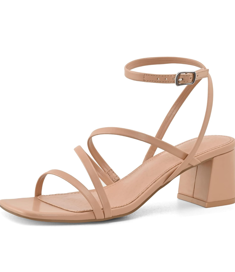 Shoe'N Tale Strappy Heels for Women Low Chunky Block Heel Dress Shoes Square Open Toe Ankle Strap Heeled Sandals, Size 38.5,  Dark Nude