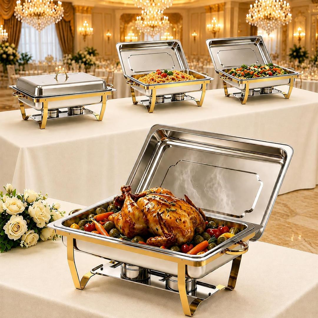4 Pack Rectangular Chafing Dishes for Buffet, 9QT Full Size Food Pans, Gold