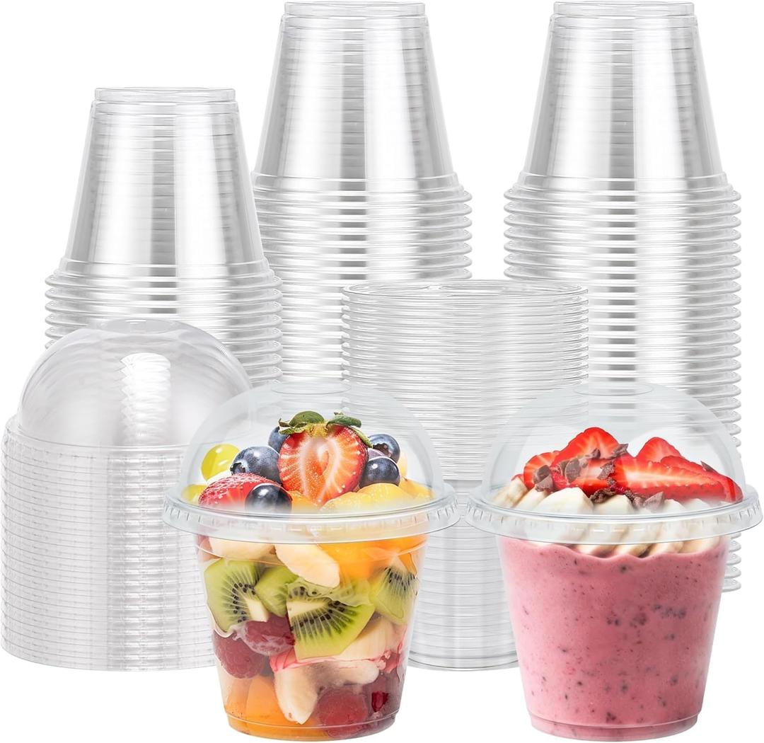 Lamosi 100 Pack 9 oz Clear Plastic Cups with Lids, Disposable Cups with No Hole Dome Lids, Ideal for Ice Cream, Cold Drinks, Fruit, Dessert, Yogurt Parfait