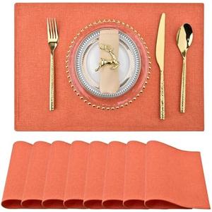 SLKQG Orange Cloth Placemats Set of 7 - Easy to Clean Linen Type Fabric Table Placemats - Machine Washable & Heat Resistant Non-Slip Table Mats for Holiday Dining (Orange, 8)