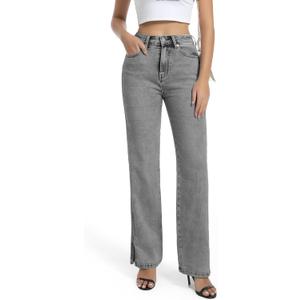 Womens Jeans High Waisted Stretchy Straight Leg Split Hem Jeans for Women Trendy Classic Denim (12 Short, Grey)