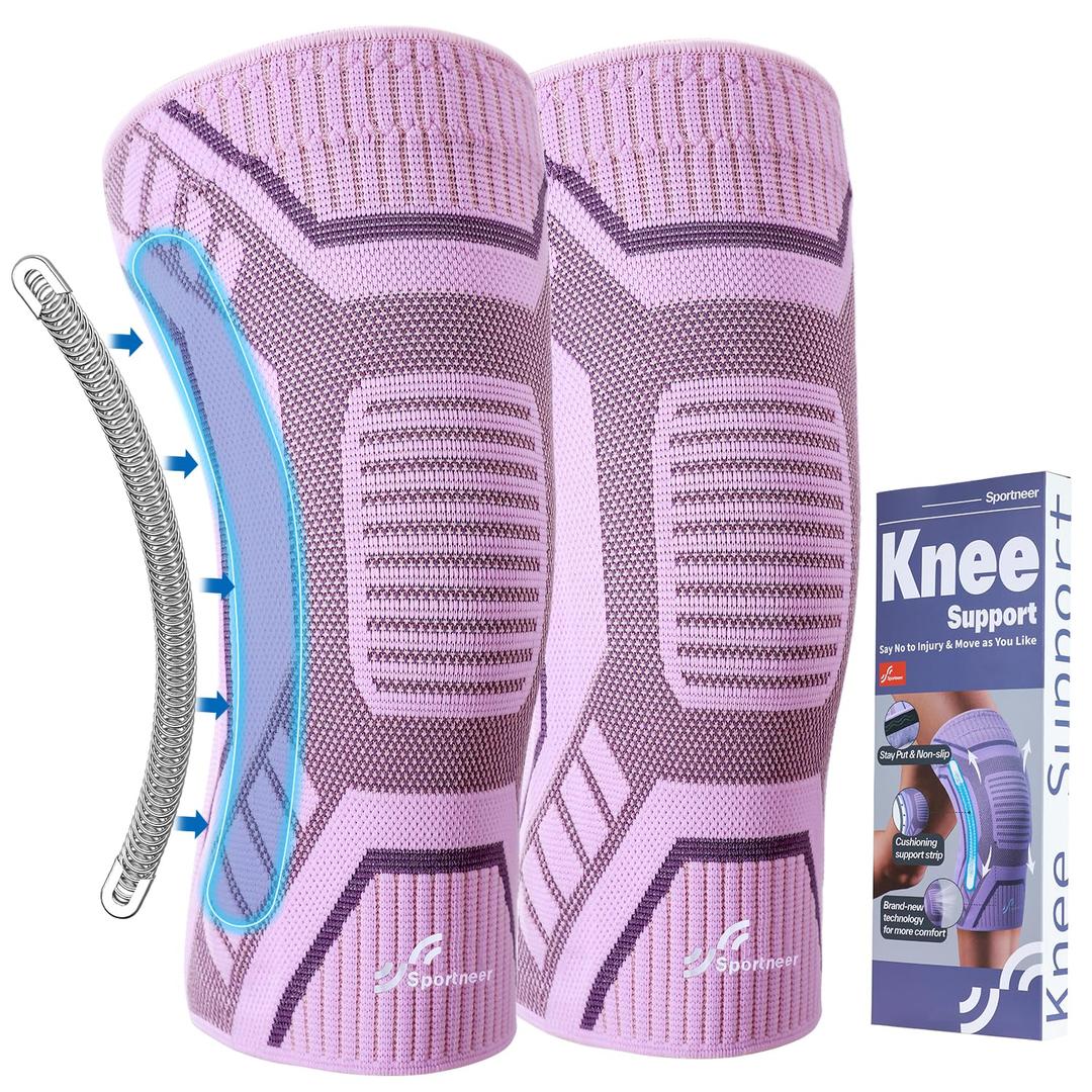 Sportneer Knee Brace with Dual Side Stabilizers – Maximum Support Compression Knee Sleeve for Men & Women, Anti-Slip Knee Support for Running, Workout, Arthritis, ACL & Pain Relief (Pink-Purple, Large 18"-20")
