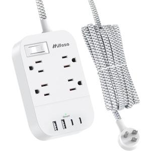 15FT Extension Cord, Flat Plug Power Strip with USB C, 4 Outlets with 4 USB Ports, Wall Mount, Overload Protection, Desk Charging Station for Office, School, Dorm Room Essentials, ETL Listed (White)