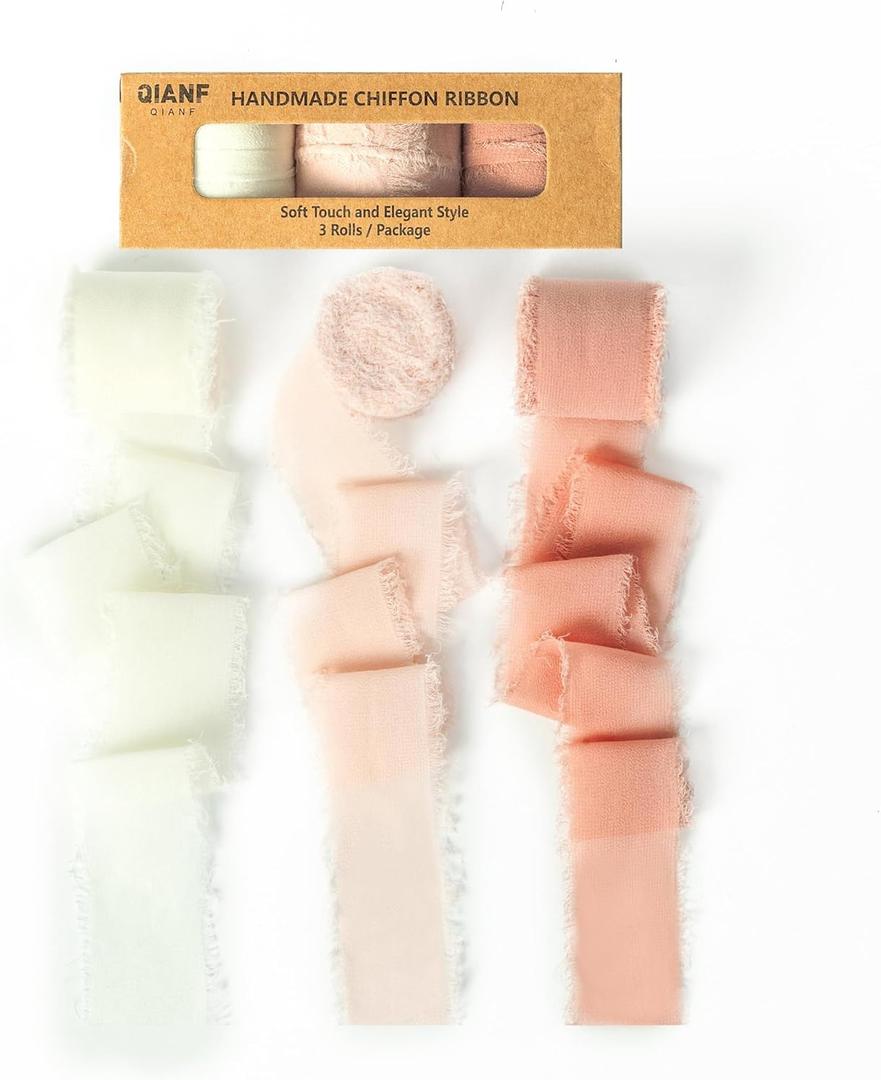 Rose Gold/Blush/Ivory Handmade Fringe Chiffon Ribbon 1-1/2 inch x 21 Yard Frayed Silk Ribbons for Wedding Invitations, Flower Bouquets, Gifts Wrapping, Bridal Shower, Party Decorations
