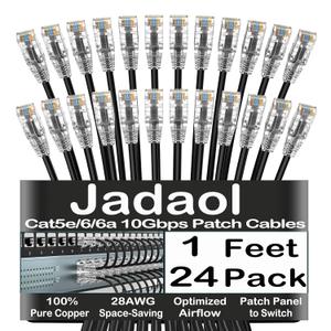 Jadaol Cat5e/6/6A Ethernet Patch Cable 1ft 24 Pack, Slim 28AWG Patch Cord, 10Gbps Network Cable, Snagless RJ45 Short Cable for Patch Panel, Switch, Server Rack, Data Center, Black