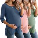 3 Pack Women's 3/4 Sleeve Maternity Shirts Elbow Length Clothes Round Neck Tunics Pregnancy Loose Side Split Tops (X-Large, Gray Blue, Light Pink, Light Green)