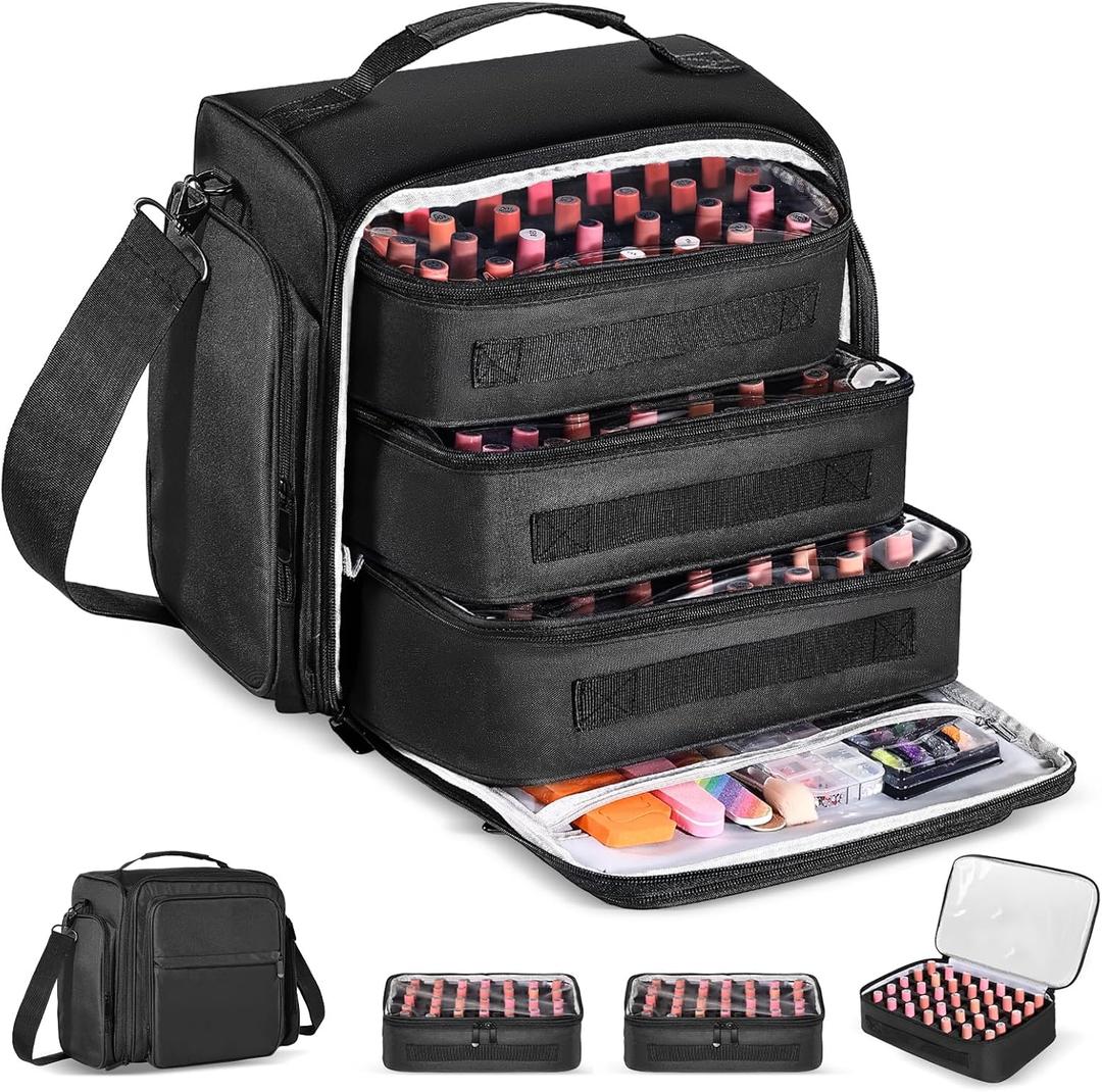 Extra Large Nail Polish Organizer Case Holds 105 Bottles with 3 Removable Pouches for Manicure Tools, Supplies, Nail Lamp, Gift for Girls