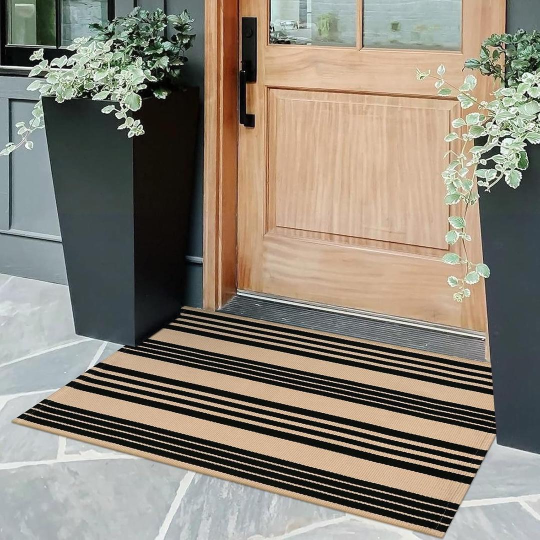 OJIA Front Door Mat Outdoor 24''x35'' Washable Front Door Rug Black and Tan Entry Rug Indoor Outdoor Rugs Doormat Cotton Woven Striped Small Area Rugs for Porch/Bathroom/Farmhouse/Home Entrance