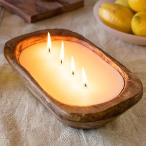 Wooden Dough Bowl Candle 10 Inch, Wooden Dough Bowl Soy Candle, Farmhouse Doughbowl for Table, Wood Boat 4 Wick Tabletop Decor