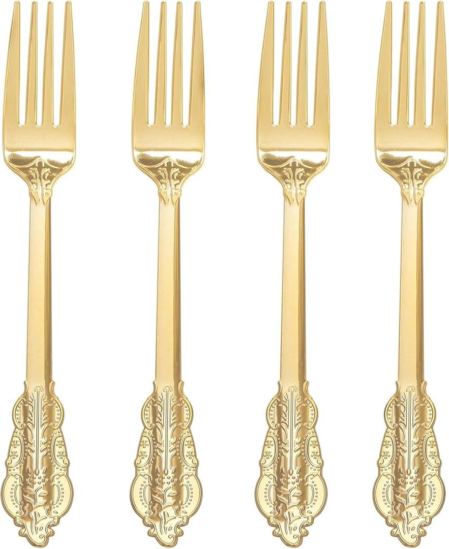 WDF 100 Piece Gold Forks Disposable - 7.48 Inch Gold Plastic Forks - Baroque Plastic Silverware for Dessert Cake - Heavy Duty Plastic Forks for Party, Wedding or Daily Using