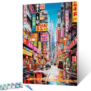 Graffitic Chinatown Paint by Numbers Kits 16x20 inch Canvas American Cityscape DIY Oil Painting for Kids,16''x20' inch Adults Beginner San Francisco City Paintwork with Brushes Nordic Gift(DIY Frame) (Artwork-25)