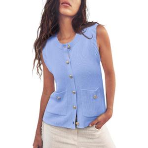Saodimallsu Womens Sleeveless Sweater Vest Button V Neck Knit Trendy Casual Summer Cardigan with Pockets, Size S