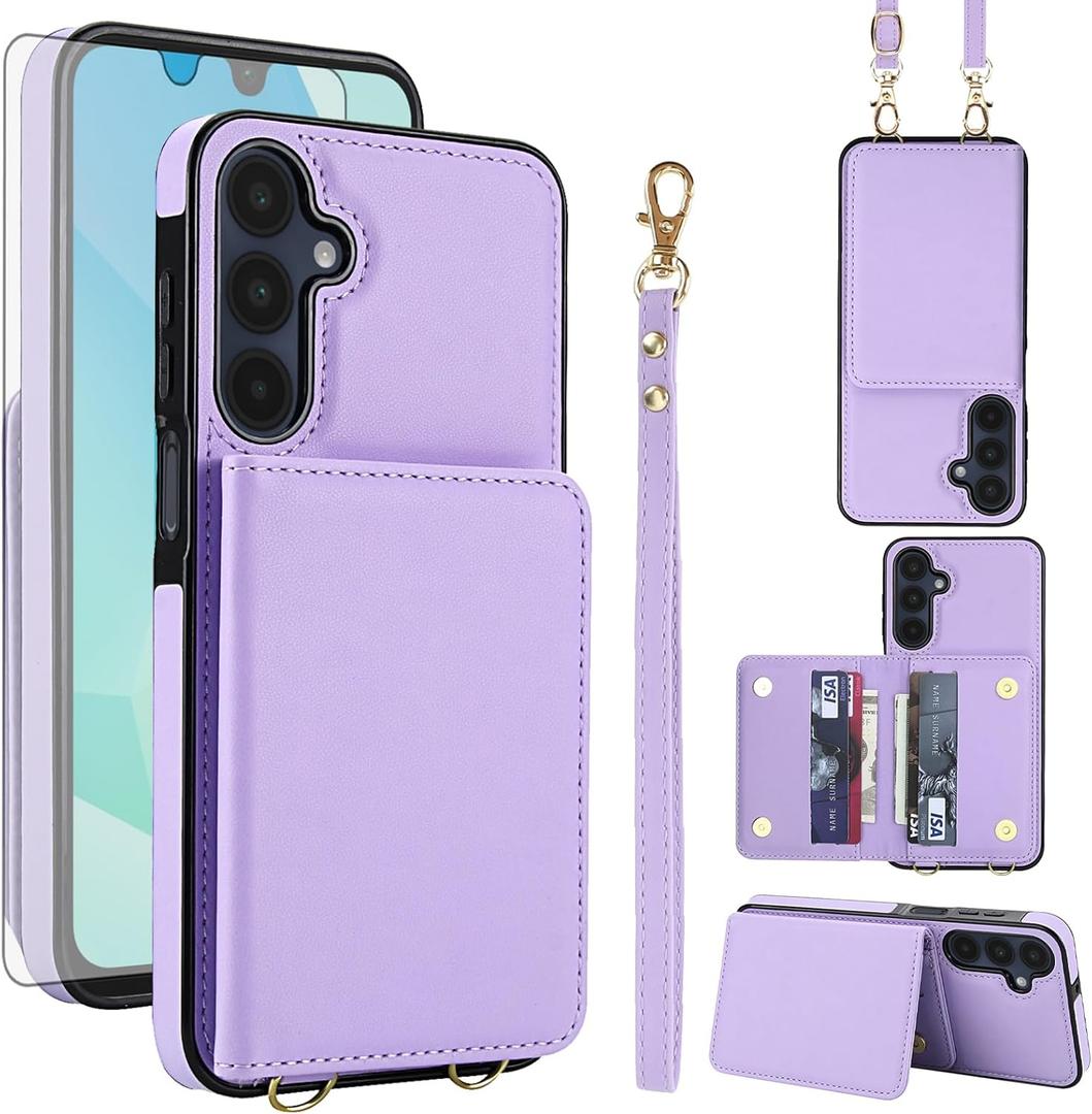 Asuwish Phone Case for Samsung Galaxy A54 5G Wallet Cell Cover with Tempered Glass Screen Protector Wrist Crossbody Strap RFID Blocking Credit Card Holder A545G A 54 54A 4G G5 SM A546U Women Purple