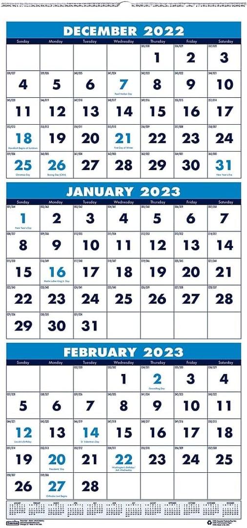 House of Doolittle Recycled Three-Month Format Wall Calendar, Vertical Orientation, 12.25 x 26, White Sheets, 14-Month (Dec-Jan): 2022-2024