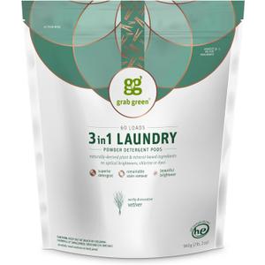 Grab Green 3-in-1 Laundry Detergent Pods, Vetiver Scent, Plant and Mineral Based, Superior Cleaning Power, Stain Remover, Brightens Clothes, 60 Count