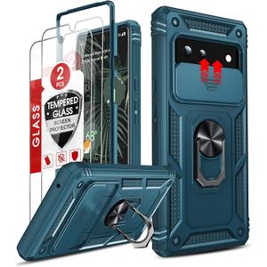 LeYi for Google Pixel-6 Case: Google Pixel 6 Phone Case with Slide Camera Cover + [2 Packs] Tempered Glass Screen Protector, 360 Full Body Military-Grade with Ring Holder Kickstand Magnetic, Sea Blue