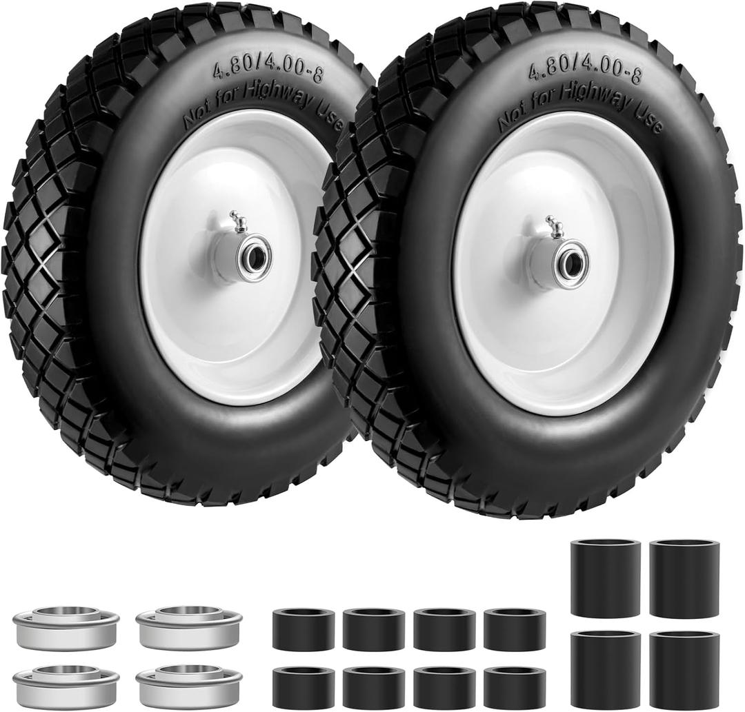 4.80/4.00-8" Tire and Wheel Flat Free 2 PCS, 16" Solid Wheelbarrow Tire with 5/8" & 3/4" Bearings,3"-7" Centered Hub, 14"-16" Universal Fit for Hand Truck/Garden Trailer/Trolley/Wagon (Black-White)