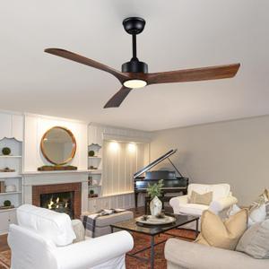 FOBLKS 52 Inch Modern Wood Ceiling Fan with Lights and Remote - Reversible Wood Blades, Silent Operation, Warm Soft Light, Suitable for Indoor and Outdoor Spaces (Black+Brown Blade)