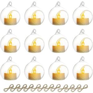 NUPTIO Hanging Glass Globe with Candles: Set of 12 Tealight Candle Holders with LED Tea Lights - 2.36 inch Bulk Clear Votive Candleholders for Party Wedding Birthday Shower Celebration Tree Decoration