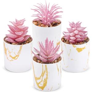 Der Rose Set of 4 Succulents Plants Artificial for Office Desk Accessories for Women Pink Home Decor, Pink 