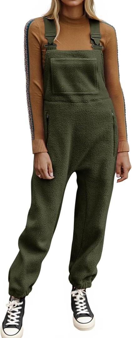 Ebifin Women's Fleece Warm Overalls Winter Loose Casual Jumpsuits with Pockets (Green, Small)