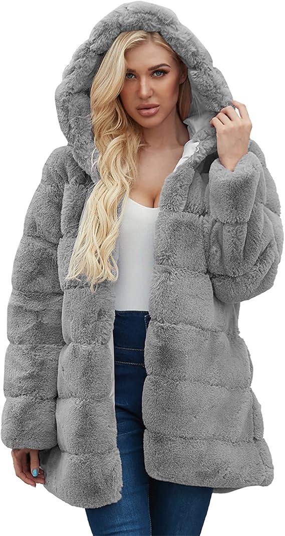 Faux Fur Jacket Coat Hooded Warm Winter Outwear Thicken Jackets Parka Long Cardigan Overcoat Fashion Clothes, XL