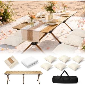 Boho Picnic Table Set with Blanket Table Runner Pillow Cover for Gathering
118" x 71" Extra Large White Blanket, Beige Table Runner & 6 Pillow Covers, Essentials for Weddings, Picnics & Camping