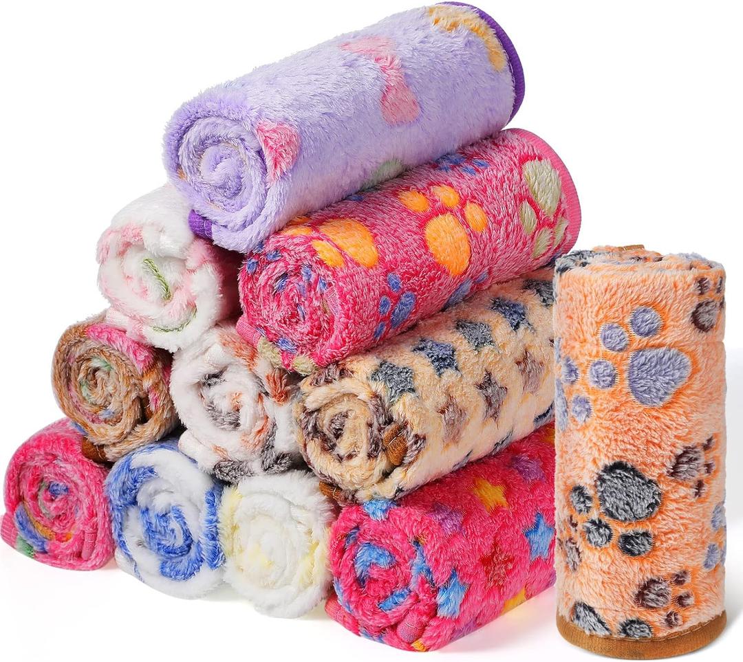 Tatuo 12 Pieces 16 x 24 Inch Dog Blanket Super Soft Warm Cat Sleep Mat Pet Kitten Doggy Fluffy Fleece Blankets with Cute Dog Paw Bone Star Elephant Patterns Printed Fluffy Blanket for Small Cat Puppy