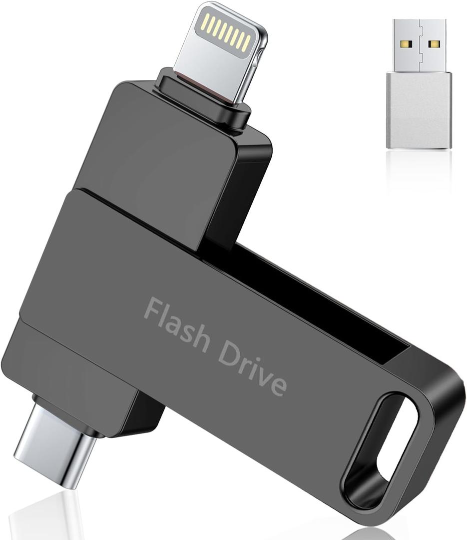 (No APP Required) MFi Certified 512GB iPhone Flash Drive, iPhone Memory Stick for Photo/Video Backup, 3 in 1 iPhone Photo Stick, High-Speed Jump Drive Compatible for iPhone/iPad/Android/PC Black