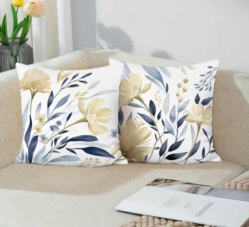 Bonhause Watercolor Floral Throw Pillow Covers 18 x 18 Inch Yellow Blue Flower Decorative Pillow Cases Soft Velvet Cushion Cover for Couch Sofa Bed Home Decor Set of 2