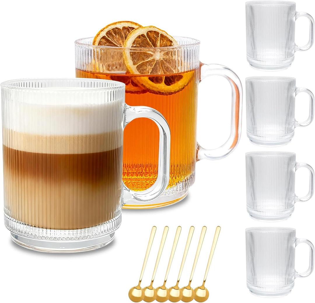 6 PACK Glass Coffee Cups with Handle & Spoon, 12 OZ Glass Coffee Mugs, Ribbed Glass Cups, Clear Tea Cup for Hot/Cold Beverages, Glassware Set for Americano, Latte, Cappuccino