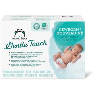 Amazon Brand - Mama Bear Gentle Touch Diapers, Hypoallergenic, Newborn, 120 Count (4 Pack of 30), White (Newborn, 30 Count (Pack of 4))