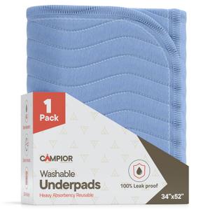 Washable Underpads Extra Large 34"x52" (Pack of 1) Reusable Waterproof Bed Pads for Adults & Seniors, Extra Heavy Absorbency Incontinence & Bedwetting Pads, Soft, Blue.