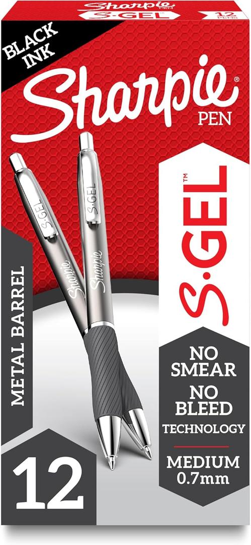 Sharpie S-Gel, Gel Pens, Sleek Metal Barrel, Gunmetal, Medium Point (0.7mm), Black Ink, 12 Count